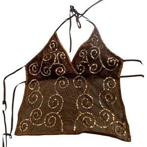 RARE y2k brown beaded mesh halter top!